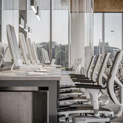 Bright Modern Public Office Space With Workstations Computers Ergonomic Chairs And Natural Light 3d model