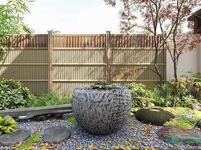 Stone Aquarium In Garden With Plants And Pebbles 3d model