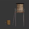 Wooden Tower Structure With Ladder Barrel And Tool Cart On Platform