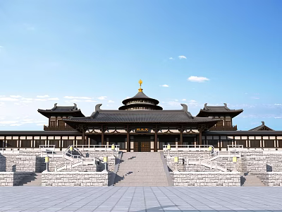 Grand Ancient Chinese Architecture With Curved Eaves Golden Top Broad Stone Steps And Open Square 3d model
