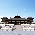 Grand Ancient Chinese Architecture With Curved Eaves Golden Top Broad Stone Steps And Open Square