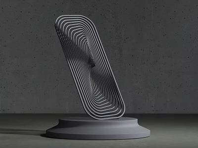 Abstract Black And White Striped Sculpture With Tilted Curved Design On Circular Base 3d model