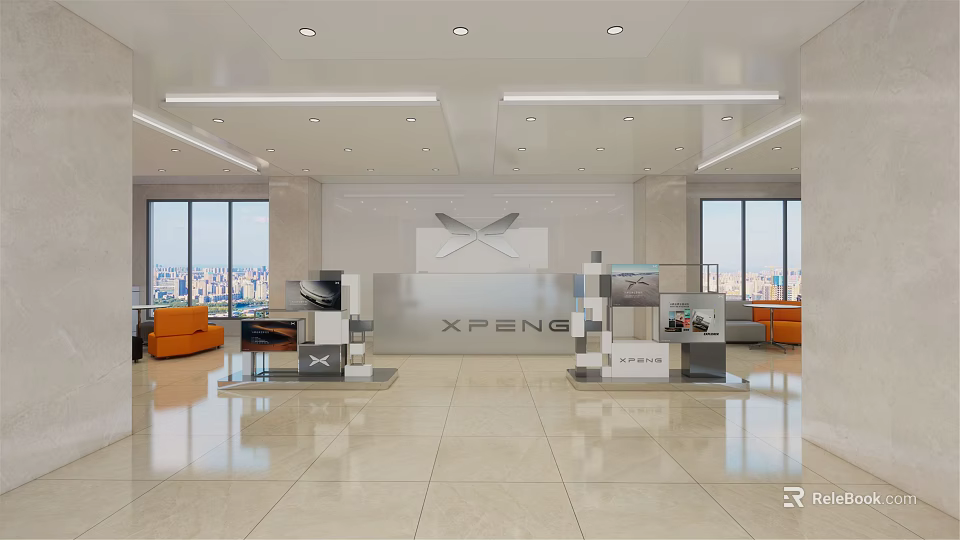 Modern XFENG Reception Area With Display Cabinets Sofa City View And Bright Lighting 3d model 