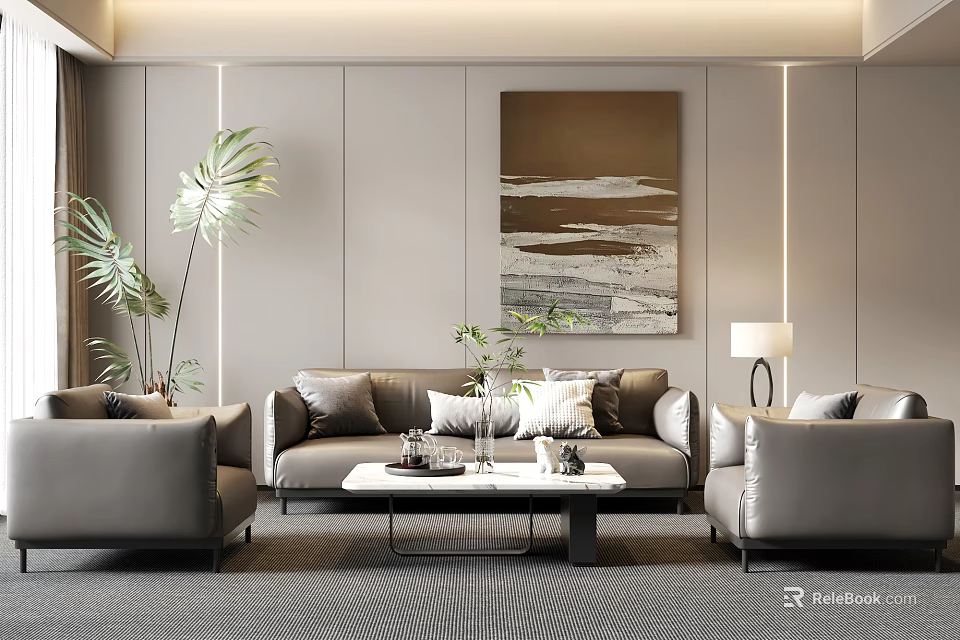 Modern Grey Leather Sofa and Coffee Table Set with Decorative Painting Green Plant and Floor Lamp 3d model 