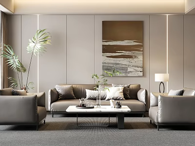 Modern Grey Leather Sofa and Coffee Table Set with Decorative Painting Green Plant and Floor Lamp 3d model