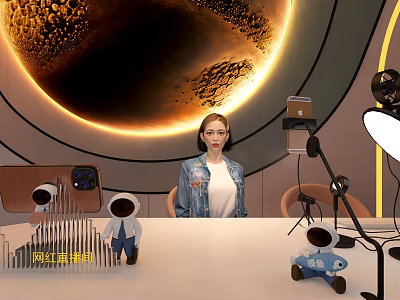 Influencer Live Streaming Studio With Planet Backdrop Host Toy Figures And Gear 3d model