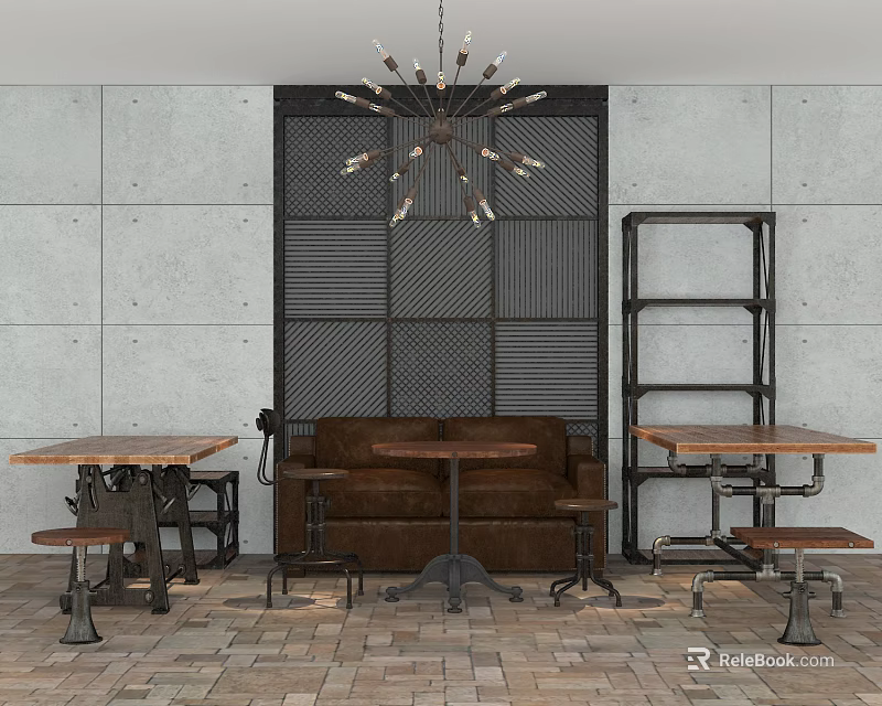 Industrial Style Table and Chair Set with Wooden Top Metal Legs and Brown Sofa 3d model 