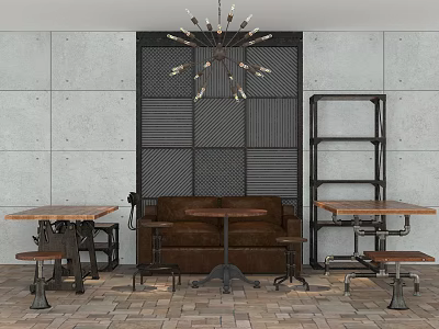 Industrial Style Table and Chair Set with Wooden Top Metal Legs and Brown Sofa 3d model