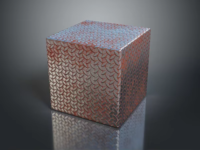 Rustic Textured Cube With Herringbone Pattern Surface And Metallic Brown Tones On Shiny Reflective Base 3d model
