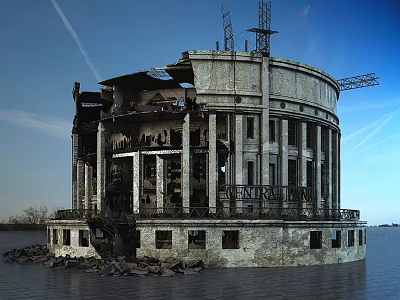 Abandoned Circular Building With Classical Columns Damaged Dome And Broken Windows 3d model