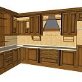 Traditional Wooden Kitchen With White Countertop Tile Backsplash And Cabinets