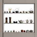 Elegant Tea Set Collection Displayed On Shelves With Various Teapots And Cups 3d model