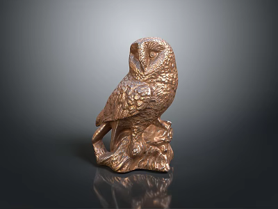 Bronze Colored Owl Sculpture With Textured Surface Perched On Branch Decorative Figurine 3d model