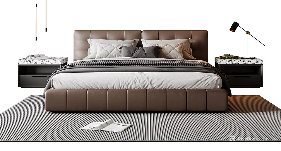 Modern Brown Double Bed with Upholstered Headboard White Sheets Gray Pillows Nightstands and Striped Rug 3d model 