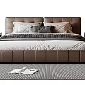 Modern Brown Double Bed with Upholstered Headboard White Sheets Gray Pillows Nightstands and Striped Rug