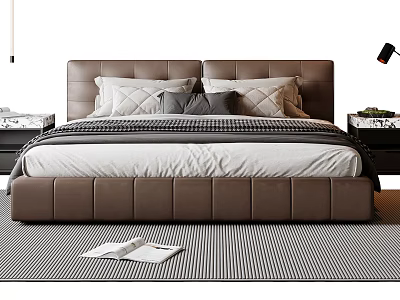 Modern Brown Double Bed with Upholstered Headboard White Sheets Gray Pillows Nightstands and Striped Rug 3d model
