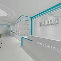 Modern Stylish Cosmetics Shop Front Reception With Elegant Marble Wall And Neat Product Display Shelves