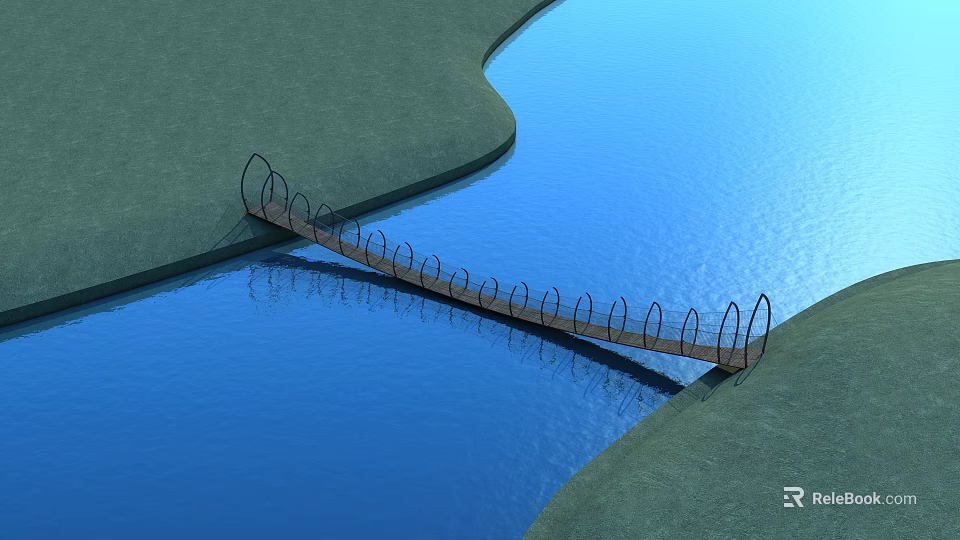 Wooden Bridge With Metal Railings Spanning Calm Blue Water Between Green Grassy Banks 3d model 
