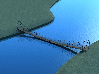 Wooden Bridge With Metal Railings Spanning Calm Blue Water Between Green Grassy Banks 3d model