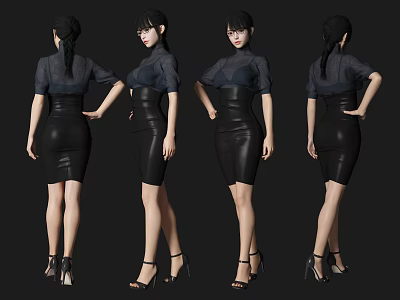 Woman In Black Leather Skirt Dark Top Standing In Four Angles With High Heels 3d model