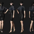 Woman In Black Leather Skirt Dark Top Standing In Four Angles With High Heels