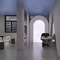 Modern Hair Salon Interior With White Styling Chairs Round Lights And Mirrors