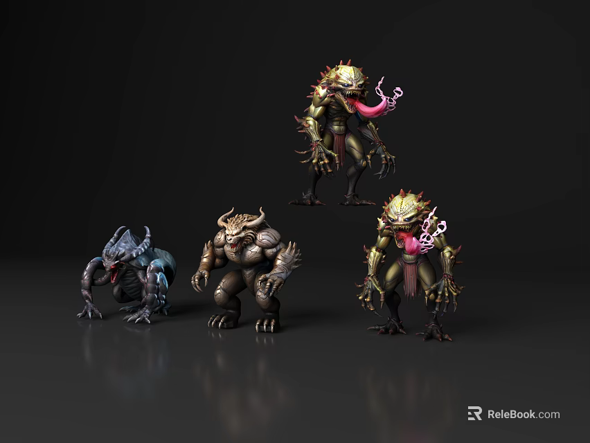 Creative Mythical Monster Characters With Spikes Tentacles And Various Colors 3d model 