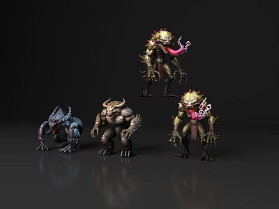 Creative Mythical Monster Characters With Spikes Tentacles And Various Colors 3d model