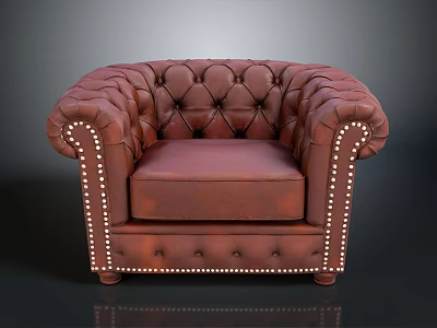 Brown Leather Armchair With Tufted Backrest Seat And Studded Armrests Base 3d model