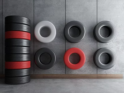 Stacked Black Tires with Red Stripes and Colorful Rims Arranged Against Gray Concrete Wall 3d model