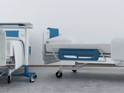 Medical Equipment Modern Hospital Bed With White Frame Blue Armrests And Wheels 3d model