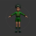 3D Character Model With Green Spiky Hair And Green Outfit Standing With Outstretched Hands