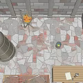 Medieval Castle Reception Desk Area With Stone Brick Floor Arched Doorways And Torches