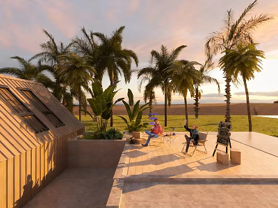 Outdoor Terrace With Palm Trees Sunset View People Relaxing Near Wooden Building 3d model