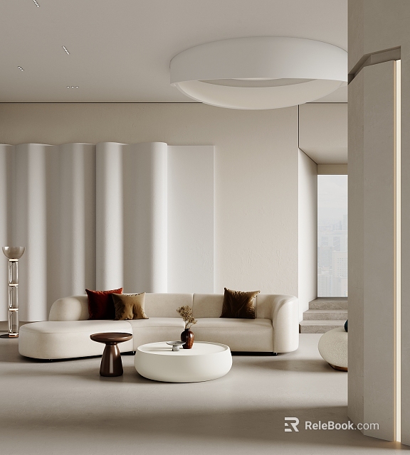 Modern Living Room Interior With Curved Wall Panels White Sofa And Decorative Pillows 3d model 