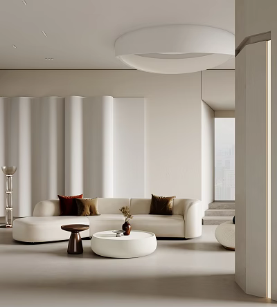 Modern Living Room Interior With Curved Wall Panels White Sofa And Decorative Pillows 3d model