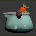 Light Blue Pot with White Spots Wooden Handle Purple Accent Carrot and Soup Inside