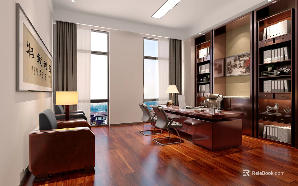 Spacious Office Interior With Wooden Flooring Large Windows Executive Desk Office Chairs Sofa And Bookshelves 3d model 