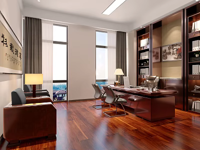 Spacious Office Interior With Wooden Flooring Large Windows Executive Desk Office Chairs Sofa And Bookshelves 3d model