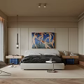 Modern Bedroom Interior With Gray Bed Painting Area Rug Pendant Light And Beige Cabinets