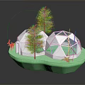 Cartoon Scene With White Geodesic Domes Green Trees And Orange Deer On Green Platform Base