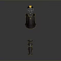 Black And Yellow Weapon Gear Including Helmet Protective Gear And Leg Guards On Gray Background