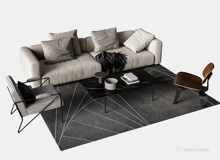 Modern Sofa Coffee Table Set With Throw Pillows Geometric Rug And Accent Chair 3d model