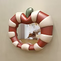 Apple Shaped Mirror with Red and White Striped Frame Green Stem Reflecting Bedroom Interior