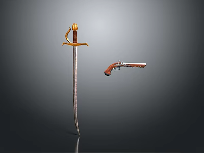 Antique Weapons Display Featuring Long Sword with Golden Hilt and Flintlock Pistol with Wooden Stock 3d model