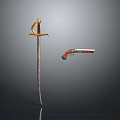 Antique Weapons Display Featuring Long Sword with Golden Hilt and Flintlock Pistol with Wooden Stock
