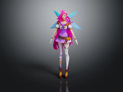 Game And Movie Character With Pink Hair Colorful Wings Purple Pink Outfit Design 3d model
