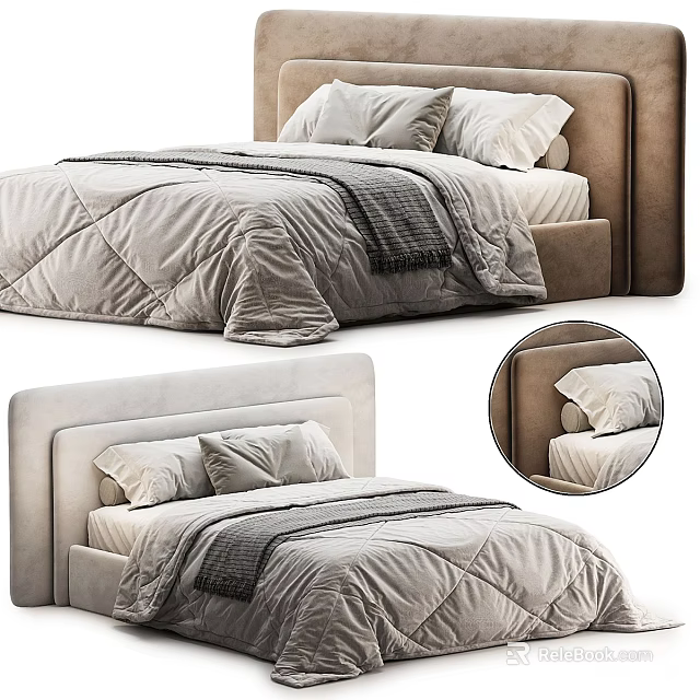 Modern Upholstered Double Bed With Quilted Comforter Throw Blanket And Cozy Bedding 3d model 