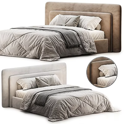 Modern Upholstered Double Bed With Quilted Comforter Throw Blanket And Cozy Bedding 3d model