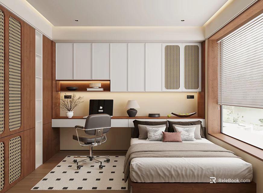Modern Tatami Bedroom Interior Design With Bed Desk Chair Cabinets And Window 3d model 